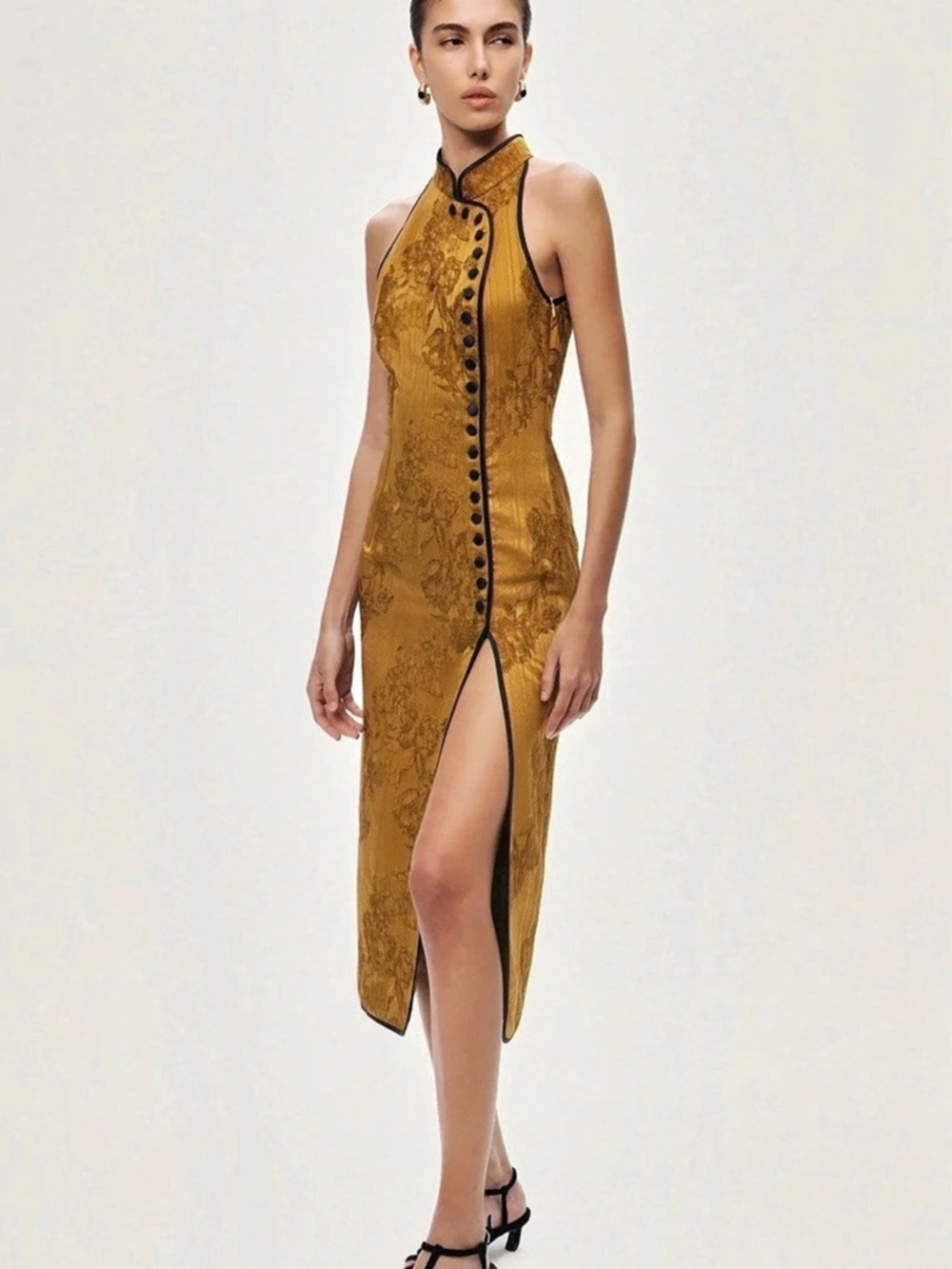 Nocturne High-Neck Button-Detail Midi Dress Floral High-Neck Gold Size Small NWT